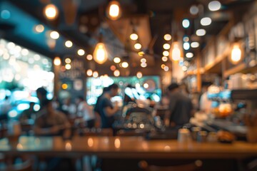 Blurred image of a busy café with warm lighting and a bustling atmosphere, featuring out-of-focus people and decor