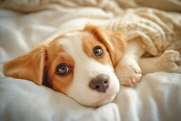 Obraz premium Puppy luying on bed