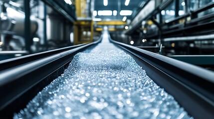 A conveyor belt system in a sugar refinery, transporting sugar crystals through a refining process.