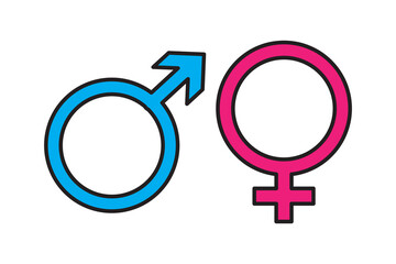 Male and female gender symbols in blue and pink, interconnected on a white background