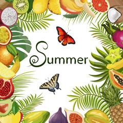 Colored illustration with fruits and text.Bright fruits, butterflies and leaves of palm trees in a color illustration.