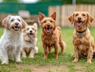 A group of dogs barks and plays together in a fenced yard, showcasing socialization in a safe environment. 