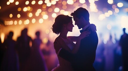 A couple dancing closely at a wedding reception.