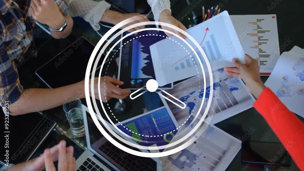 Poster clock animation over business team analyzing charts and graphs in office