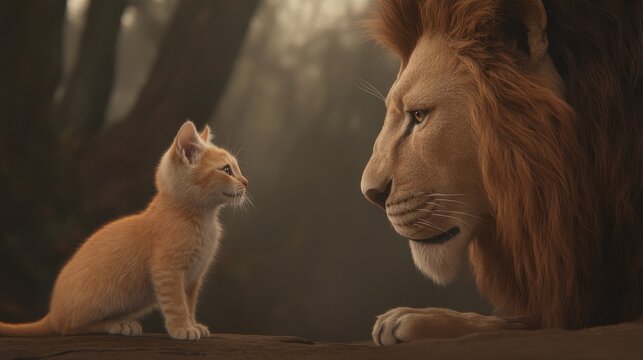 A young orange kitten and a powerful lion engage in a tense standoff in a dimly lit forest, the atmosphere is thick with suspense.