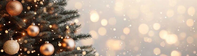 Close-up of a Christmas tree decorated with golden ornaments, illuminated by warm lights and surrounded by sparkling bokeh, perfect for the holiday season..
