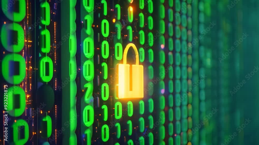 Poster a padlock is displayed on a computer screen with numbers in the background, symbolizing encryption a