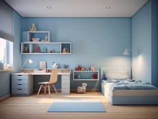 Blue and white kid's bedroom with a desk, a bed, and a rug.