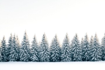 Tall, snow-laden trees stretch across the landscape, bathed in soft morning light, embodying the peace and tranquility of a winter day