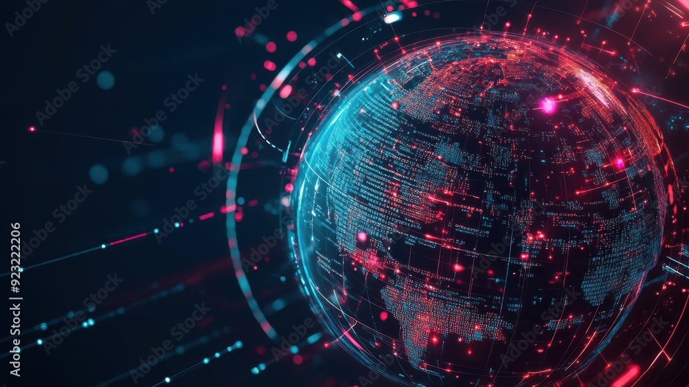 Poster illuminated globe in vibrant colors, representing digital technology and global connectivity amidst 