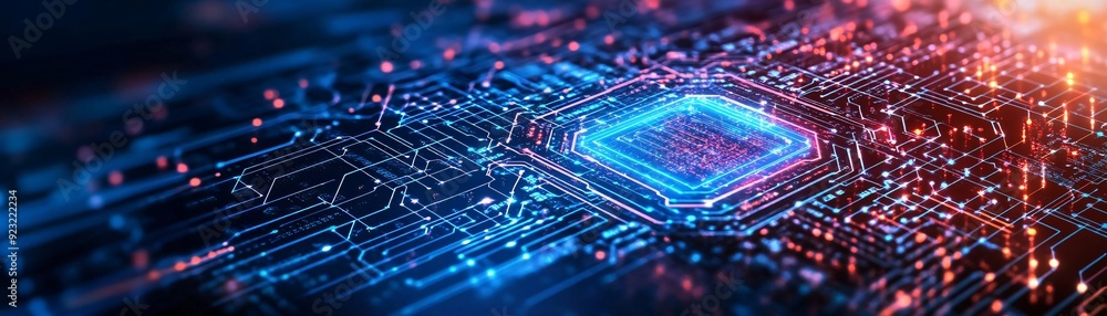 Poster a close-up view of a glowing microchip on a vibrant circuit board, showcasing technology and digital