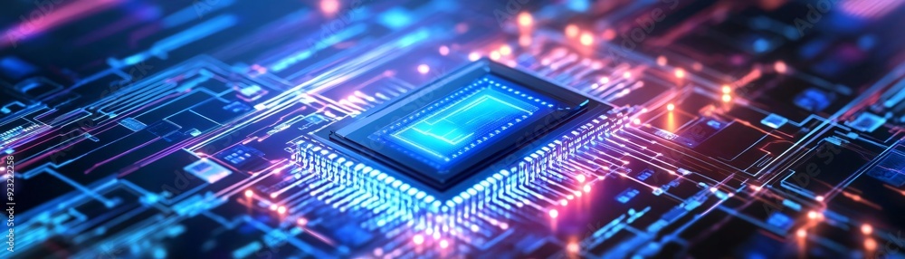 Poster a close-up view of a microchip on a vibrant circuit board, showcasing intricate details and bright l