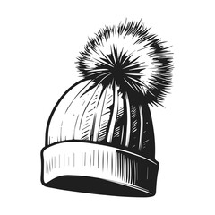 Hand drawn knitted winter hat. Black and white vector illustration