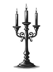 Hand drawn vintage candles in bronze candlestick. Black and white vector illustration