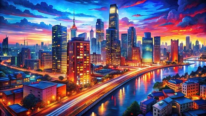 Obraz premium Vibrant City Lights Night Red Blue: Bustling city at night, painted with vibrant reds and blues, capturing the energy and illumination.