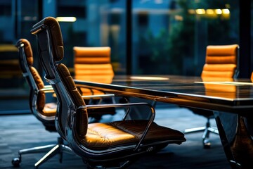 Warm leather chairs surround a sleek table, illuminated by soft light filtering through large windows in a sophisticated conference room