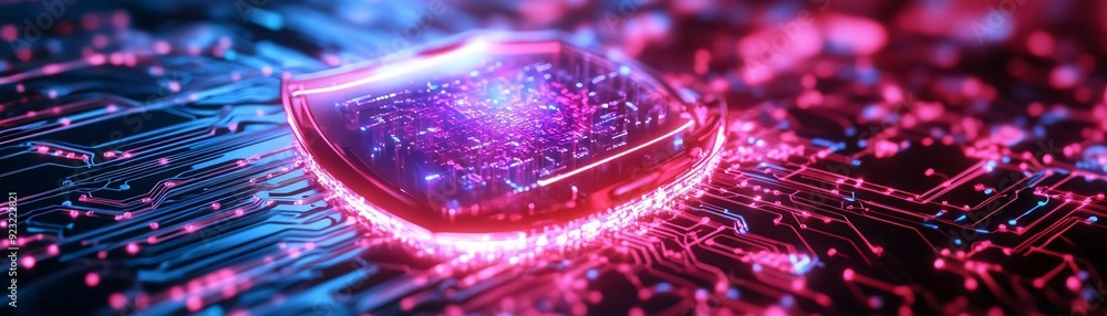 Poster a vibrant close-up of a microchip on a circuit board, showcasing colorful lights and intricate detai