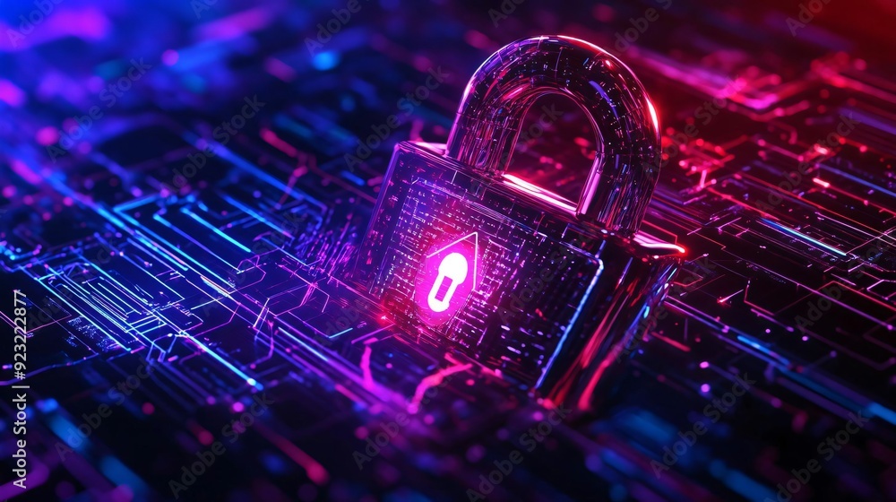 Poster a vibrant digital padlock symbolizing cybersecurity and data protection within a complex circuit bac