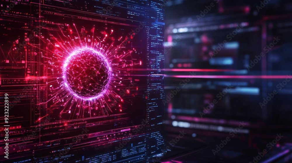 Poster a vibrant digital sphere surrounded by glowing lines and patterns, symbolizing technology and innova
