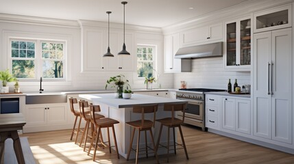 Fototapeta premium Contemporary kitchen with white cabinets, stainless steel appliances, hardwood floors, and an island with bar stools.