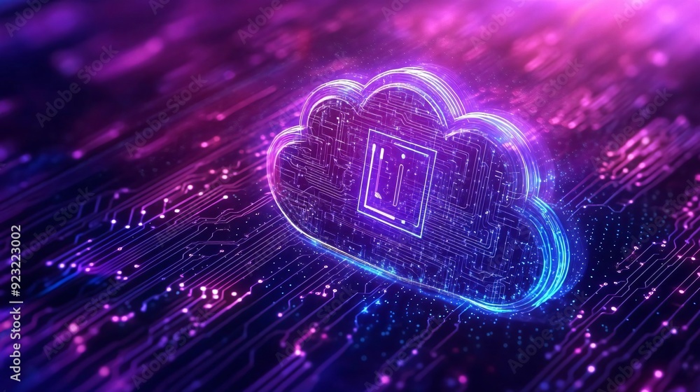 Poster abstract cloud computing concept with vibrant colors, representing digital data storage and modern t