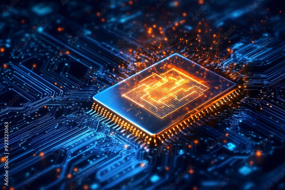 Poster an abstract depiction of a modern microchip glowing amidst intricate circuitry, showcasing technolog