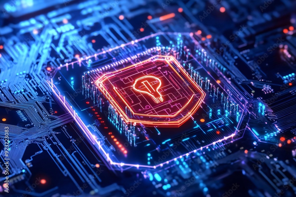 Poster an abstract representation of a futuristic microchip glowing with vibrant colors, symbolizing advanc