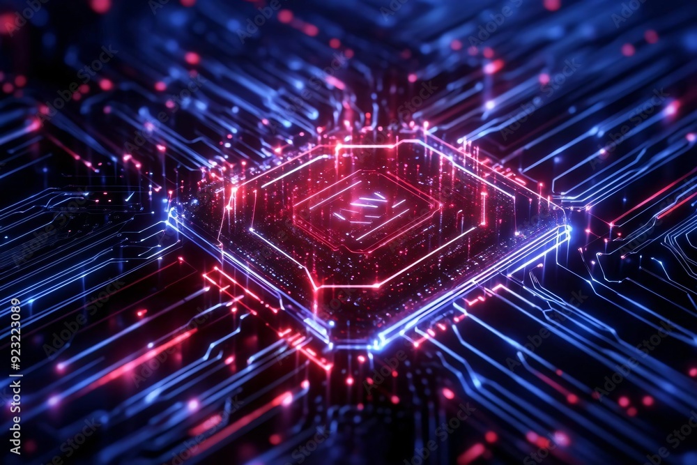 Poster an abstract representation of a glowing microchip surrounded by vibrant circuits, illustrating techn