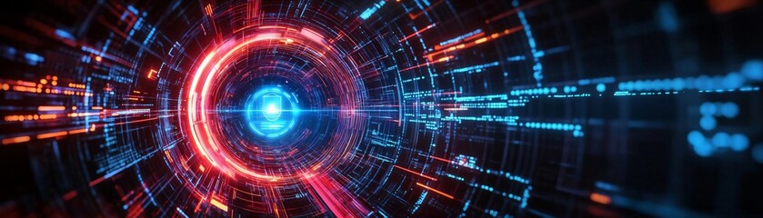 Obraz premium Abstract digital tunnel with vibrant red and blue lights, representing technological advancement and futuristic concepts.
