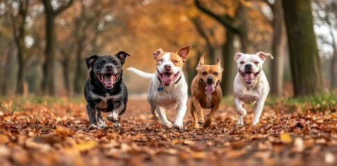 Fototapeta premium Multiple dogs bark and interact during a socialization walk in the park, with autumn leaves scattered on the ground.