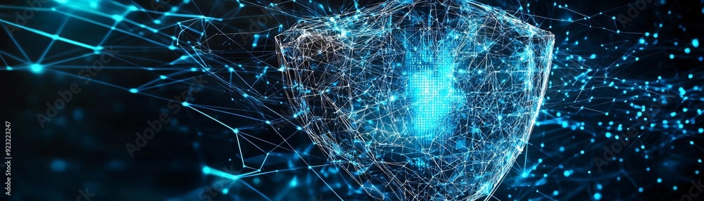 Poster digital shield representing cybersecurity and data protection with blue connections and glowing elem