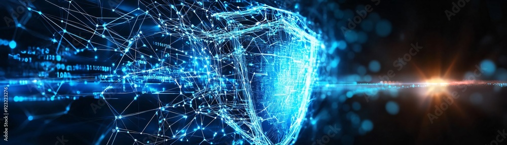 Poster dynamic abstract representation of cybersecurity with digital shield and glowing network elements, s