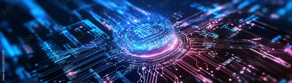 Poster dynamic digital background showcasing vibrant blue and pink light patterns in a technological, futur