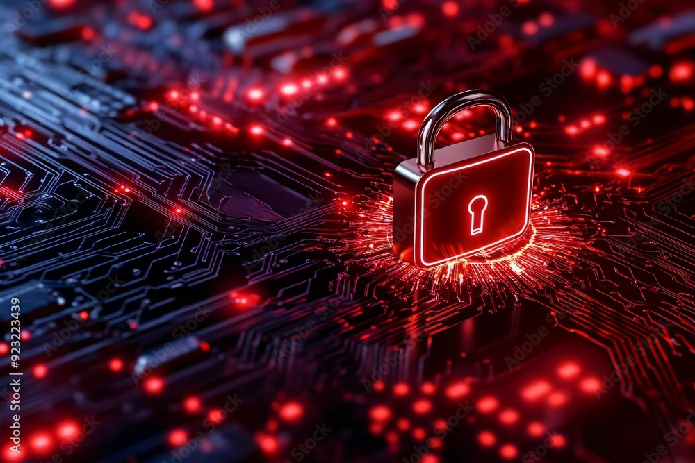 Poster digital lock symbolizing cyber security on a circuit board with glowing red lights. represents prote