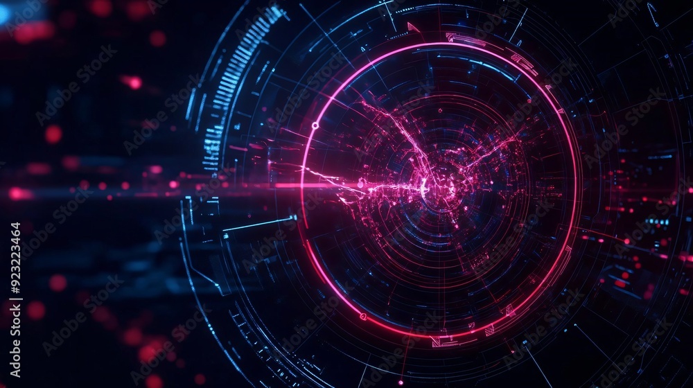 Poster futuristic digital abstract background featuring circular patterns of glowing lines and data streams
