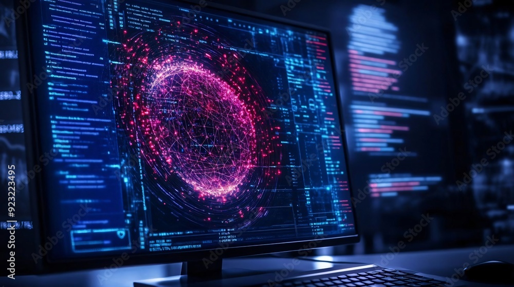 Poster futuristic computer screen displaying a digital galaxy, surrounded by data and code in a high-tech e