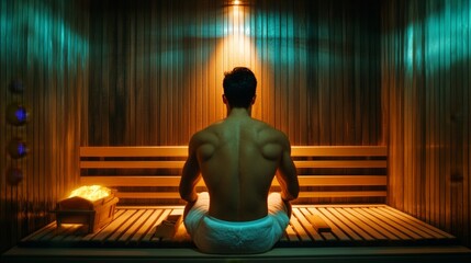 a man in a sauna for detoxification, [fitness and wellness], [body cleansing]