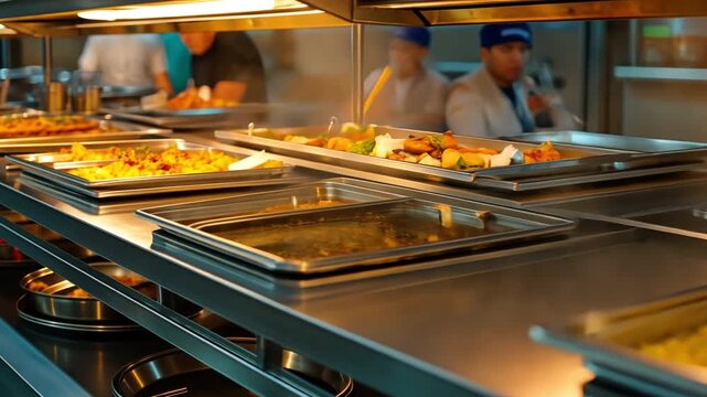 Trays on the buffet line are heated and ready to be served. Food catering banquet in a hotel with buffets for breakfast and lunch.