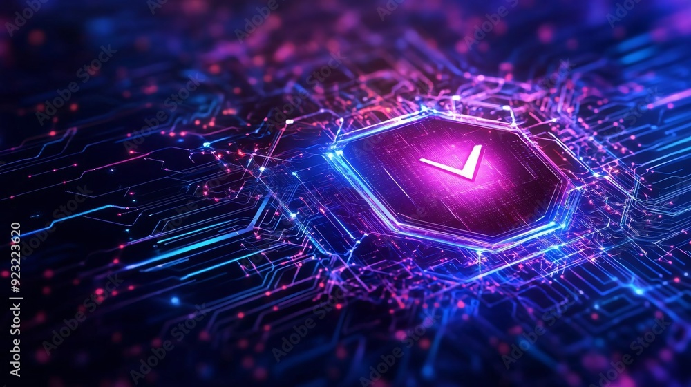 Poster futuristic digital design featuring a glowing checkmark in a hexagonal structure, surrounded by vibr