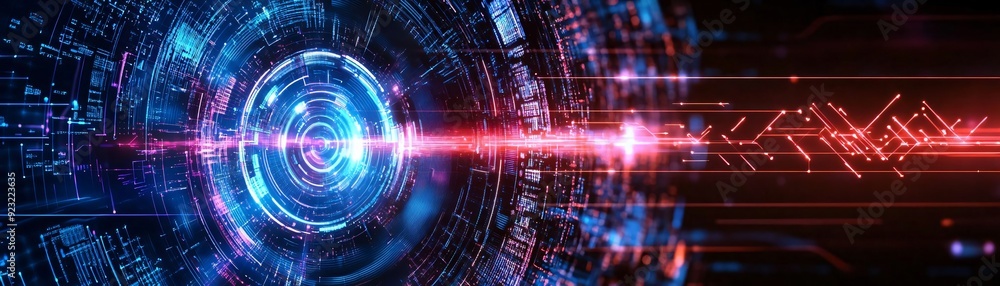 Poster futuristic digital design with vibrant colors, glowing lines, and abstract patterns representing tec