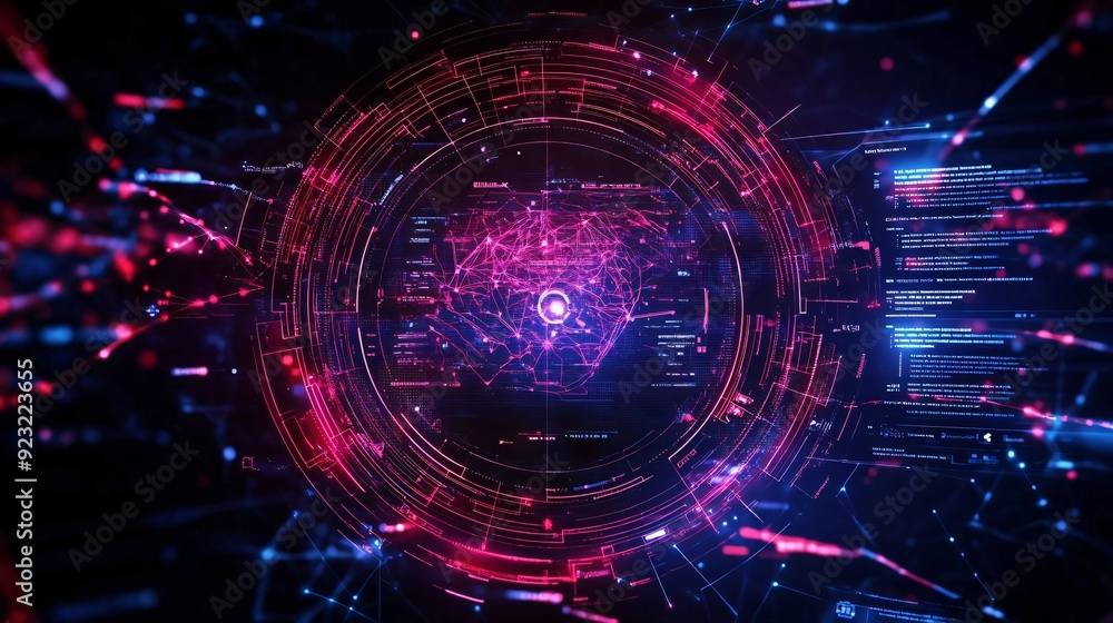 Poster futuristic digital interface with vibrant colors, showcasing data visualization and technology trend