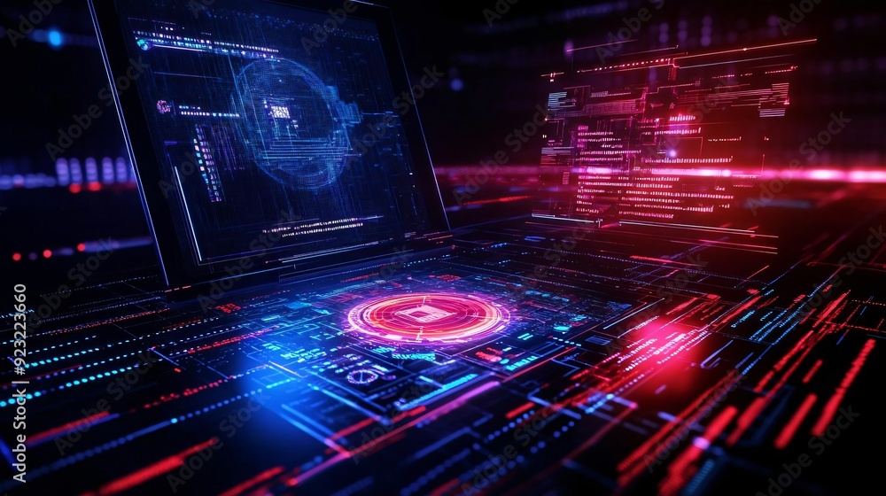 Poster futuristic digital interface with glowing circuits and data streams, representing advanced technolog