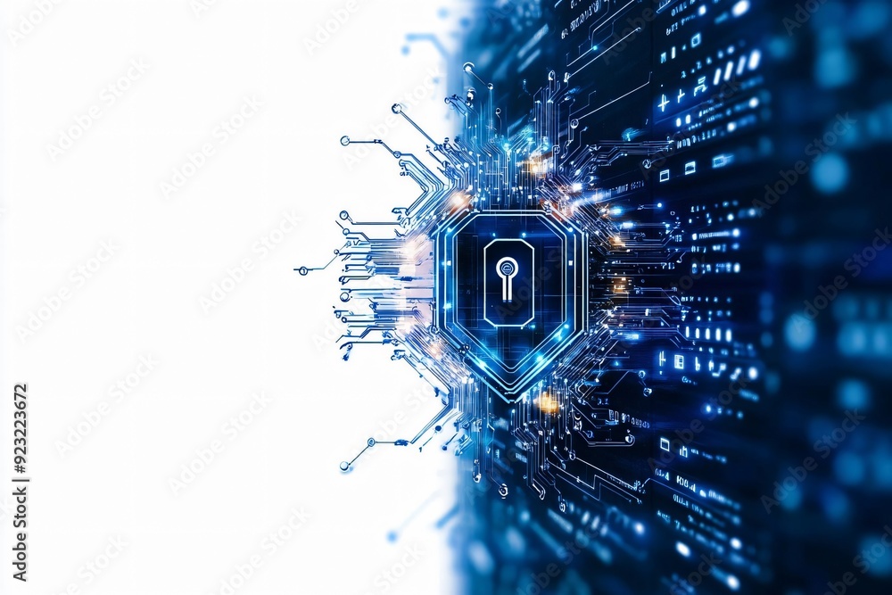 Poster futuristic digital security concept with a glowing lock symbol and intricate circuit patterns on a b