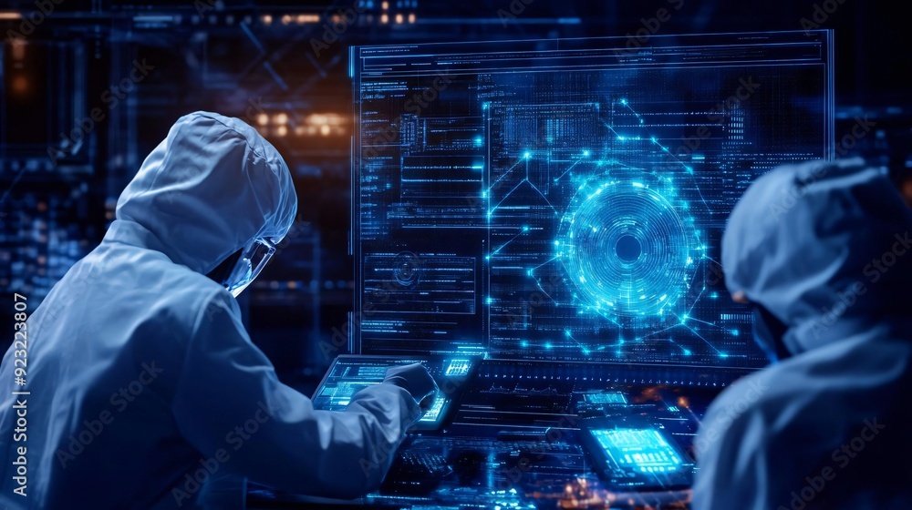 Poster futuristic scientists analyzing data on advanced digital screens in a high-tech laboratory environme