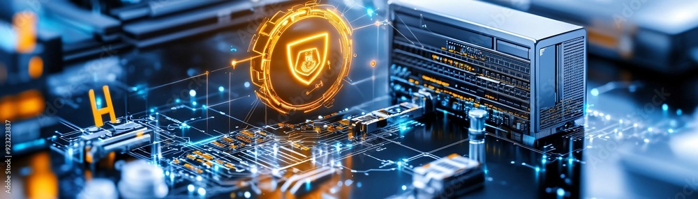 Poster futuristic technology concept featuring a digital shield symbolizing cybersecurity on a circuit boar
