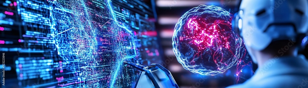 Poster futuristic technology and artificial intelligence illustrated through vibrant data displays and a ro