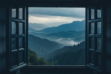 View of the mountains through a wooden window. Dark and melancholic atmosphere