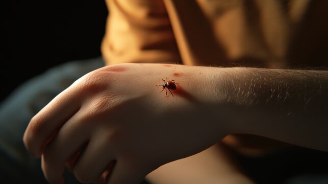 The individual inspects a bug bite on their arm, showing signs of discomfort in the low light of the room