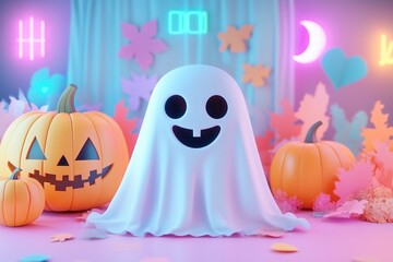 Obraz premium Halloween 3D cartoon of cute sheet ghost, pumpkin and paper cut out shapes in the background. pastel color, neon light effect