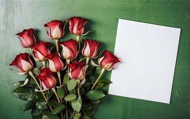 Fototapeta premium Wedding invitation card with Red Rose, Autumn Flowers & Berries on Green - Wedding, Anniversary, Top View